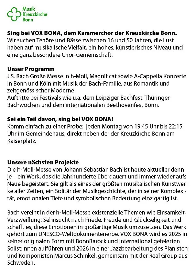 Informationsblatt zur Mitsänger-Suche des Kammerchors VOX BONA; gesucht werden Tenöre und Bässe für Projekte wie die h-Moll-Messe von J.S. Bach und Auftritte bei Festivals wie dem Leipziger Bachfest.