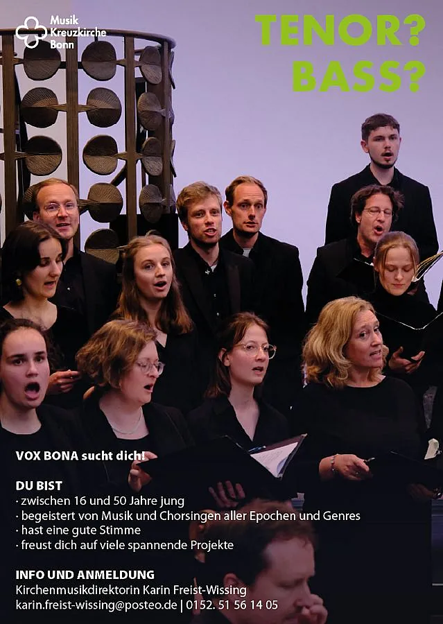 Ein Werbeflyer für den Chor „VOX BONA“ mit einem Foto von Sängern und deutschem Text, der Tenöre und Bässe zwischen 16 und 50 Jahren zum Mitsingen einlädt.