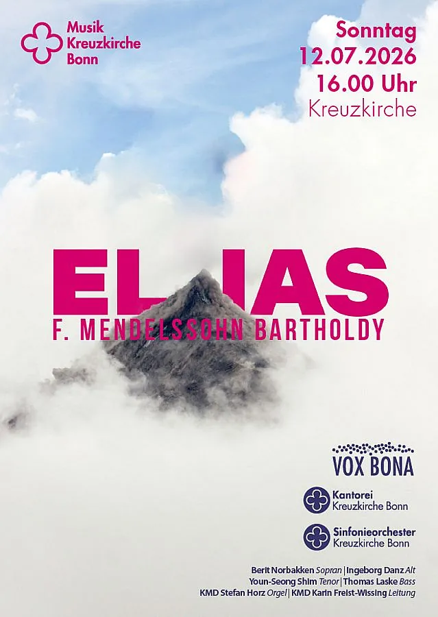 Konzertplakat für Mendelssohns „Elias“ in der Kreuzkirche Bonn am 12. Juli 2026 mit einem Berggipfel, der aus den Wolken ragt.
