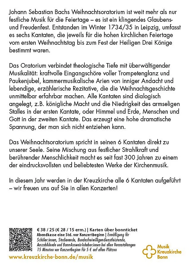 Text-Flyer für J.S. Bachs Weihnachtsoratorium in der Kreuzkirche, mit Details zur Geschichte, der Aufführung aller sechs Kantaten und Ticketinformationen.
