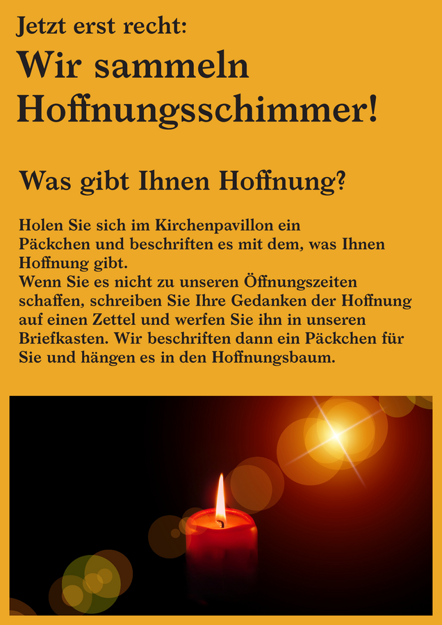 Plakat zur Aktion „Hoffnungsschimmer“ mit Bild einer brennenden Kerze.