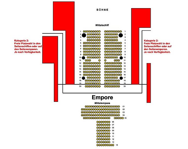 Seating chart for a church venue showing stage and gallery rows.